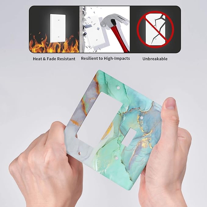 Teal Green Marble 2 Gang Single Toggle/Rocker Combination Light Switch Cover Decorative Wall Plate Faceplate Boys Kids Teen Girl Bedroom Room Decorate 4.5" x 4.5