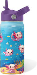 Axolotl Gifts for Girls, 16oz Axolotls Water Bottle with Straw Lid, BPA-Free, Leak Proof Stainless Steel Insulated Tumbler, Adorable Ocean Animal Mug Cup for Sports,Travel Boys Birthday Gifts (1pc)