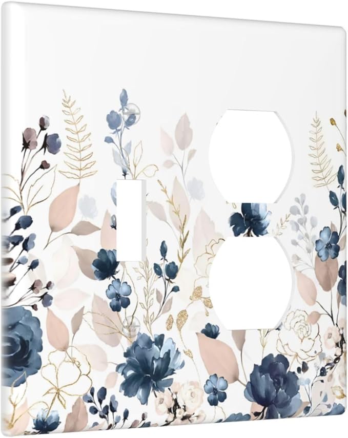 Blue Flora Boho Vintage Flower Golden Leaves Wallplates 1 Toggle 1 Duplex Switch Plate Electrical GFCI Faceplate Decorative Light Switch Covers for Bedroom Living Room Decor