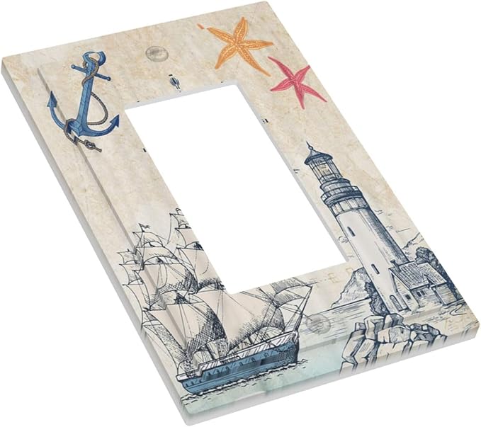 Nautical Sailboat Beach Anchor Pirate Beacon Ocean 1 Gang Rocker Light Switch Covers Decorative Single Decora Outlet Wall Plate Faceplate Switchplate GFCI for Farmhouse Bathroom Bedroom Decor
