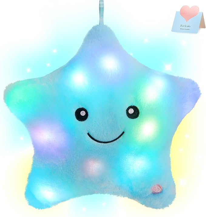 WEWILL 9'' LED Twinkle Star Soft Plush Toys Glowing Stuffed Star Light up Plush with Colorful Night Lights Birthday Gift for Toddler Kids(Blue)