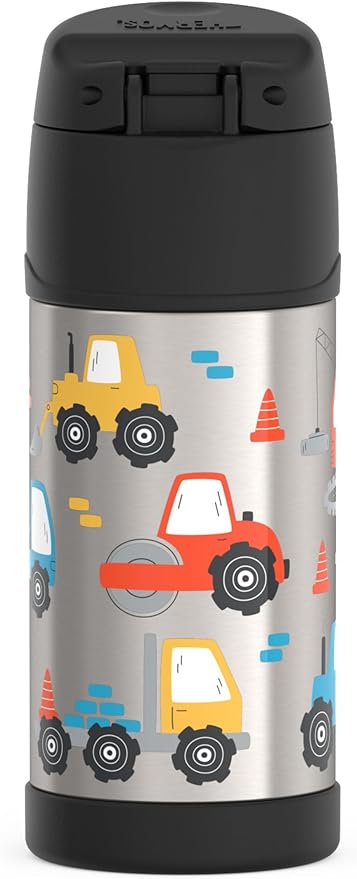 THERMOS FUNTAINER Water Bottle with Straw - 12 Ounce, Construction Site - Kids Stainless Steel Vacuum Insulated Water Bottle with Lid