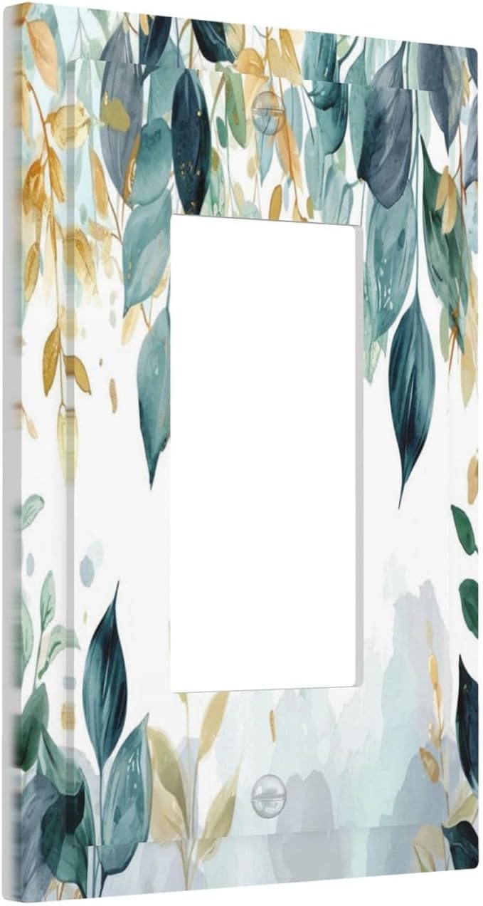 Boho Goldgreen Leaf Botanical Eucalyptus Leaves Decorative Outlet Covers 1 Gang Single Rocker Light Switch Cover Plate Wall Plates GFCI Faceplate for Bedroom Living Room Decor