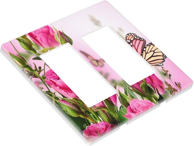 Pink Flower Butterfly 2 Gang Double Rocker/Decor Light Switch Cover Decorative Outlet Wall Plate Electrical Faceplate Spring Floral Plant Pink Green Home Bedroom Art Panel Decor Screwless 4.7" x 4.6