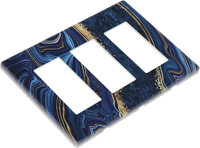 Navy Blue Marble 3 Gang Triple Rocker/Decor Light Switch Wall Plate Cover Decorative Electrical Faceplate For Boys Living Room Bedroom Decor Screwless 6.57" x 4.65