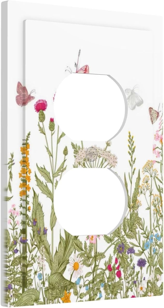 Colorful Butterfly Floral Plants Flower Vine Outlet Covers 1 Gang Duplex Light Switch Cover Decorative Switch Plates Electrical Receptacle Faceplate Wall Plate for Bed Room Living Room Decor