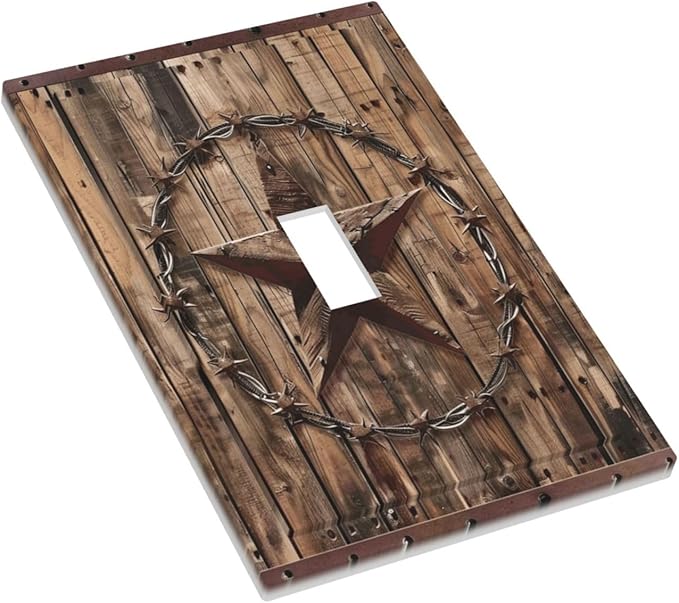 Outlet Covers Rustic Star Western Cowboy Wood 1 Gang Duplex Light Switch Cover Plate Decorative Wall Plates Electrical Switchplate Receptacle for Farmhouse Home Decor（2 Pack）
