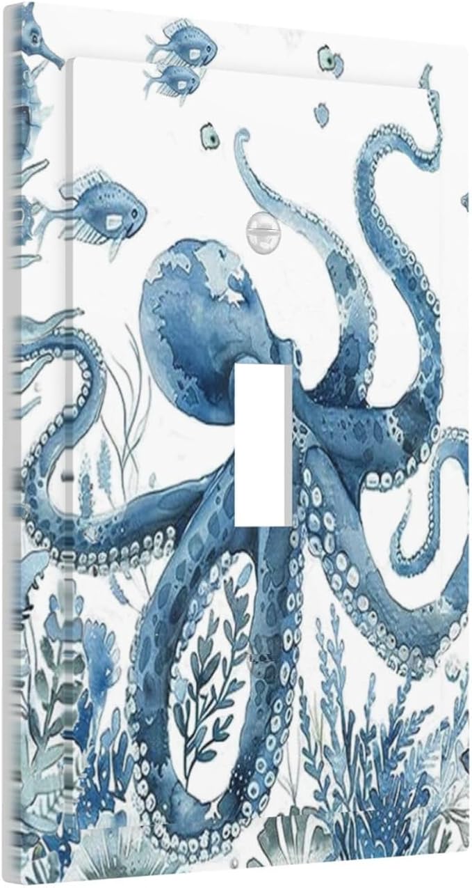 Blue Octopus Squid Seahorse Coral Watercolor Wild Sealife Decorative Light Switch Cover 1 Gang Single Toggle Device Electrical Faceplate Switchplates Decorator Outlet Wall Plate for Bathroom Kids Room
