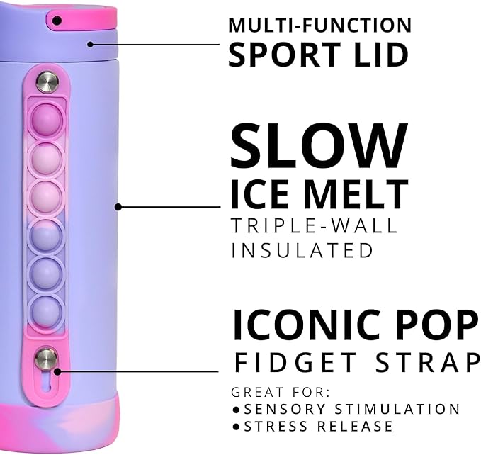 Elemental Iconic Kids Water Bottle for School - 100% Leak-Proof Insulated Water Bottles with Straw Lid & Pop-It Handle for Boys & Girls - Triple-Wall Insulated & BPA-Free, 14oz – Lilac Tie Dye