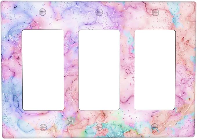 Decorative Switch Plate Covers Cute Marble Texture 3 Gang Triple Rocker Decora Light Switch Cover Pink Purple Gold Abstract Outlet Wall Plate Electrical Faceplate GFCI for Kids Girls Nursery Decor