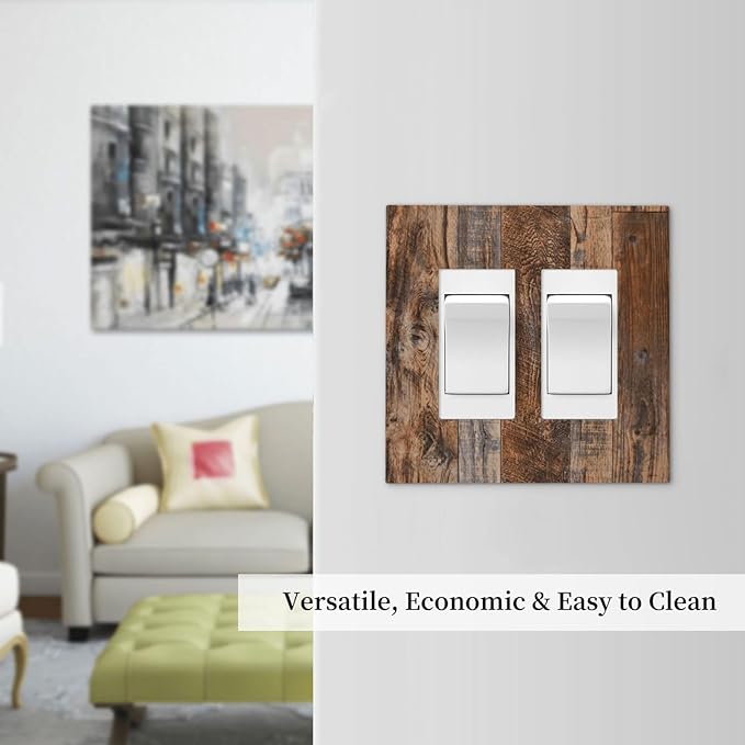 Vintage Board Rustic Brown Wood Texture Decorative Outlet Covers 2 Gang Double GFCI Rocker Electrical Wall Panels Light Switch Cover Plate for Farmhouse Home Decor