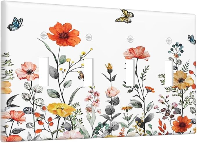 Colorful Butterfly Blossom Flower Floral Decorative 4 Gang Quad Toggle Light Switch Cover Electric Large Size Quadruple Faceplate Decorative Switch Face Wallplate
