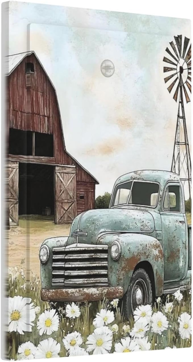 Retro Trucks Old Barn Windmill Teal Car Rustic Light Switch Cover Plate 1 Gang No Device Blank Electrical Wall Plates Faceplate Decorative Switch Plate for Farmhouse Home Decor