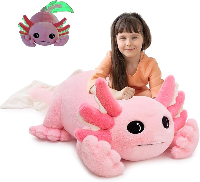 Tezituor Large Axolotl Plush Pillow, 39.5" Giant Glowing Axolotl Stuffed Animal, Super Soft & Cuddly Glow in The Dark Long Body Pillow for Kids, Teens Adults Birthday Gifts