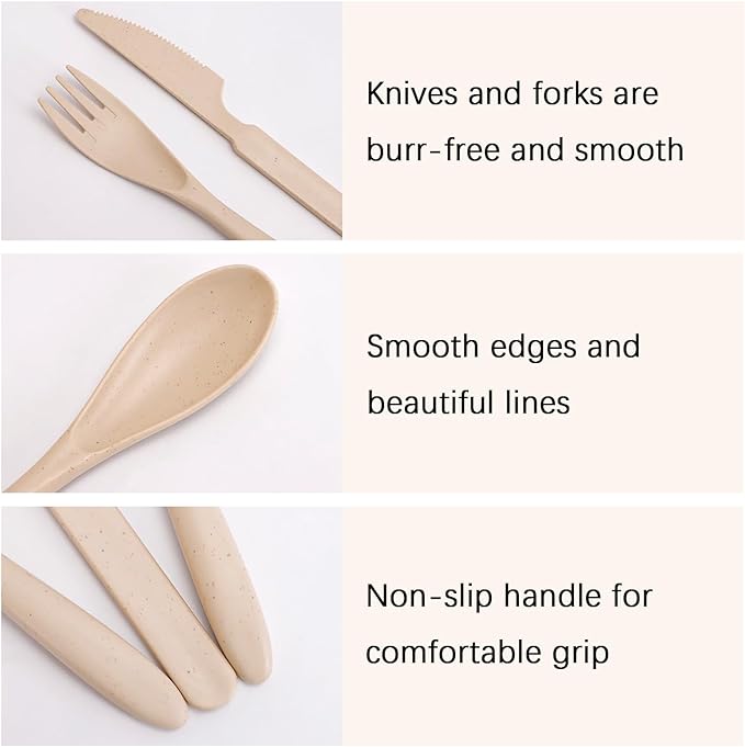 8 Sets Knives Spoons and Forks, Thickened Design Wheat Straw Cutlery, Reusable Utensils Set for Kid or Adult, Fork Spoon Knife Set for Party, Travel, Work, Picnic, Camping (Beige and grey)