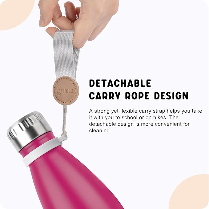 Insulated Water Bottle-17 oz Stainless Steel Double Wall Vacuum Water Bottle for School-Cola Shape Leak Proof Sport Water Bottle with Carry Rope (Fuchsia Red)
