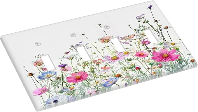 Light Switch Covers Boho Colorful Flowering Plant Wild Flower Quad Toggle Electrical Faceplate 4 Gang Wall Plate Decorative Switch Plates For Bed Room Living Room Decor
