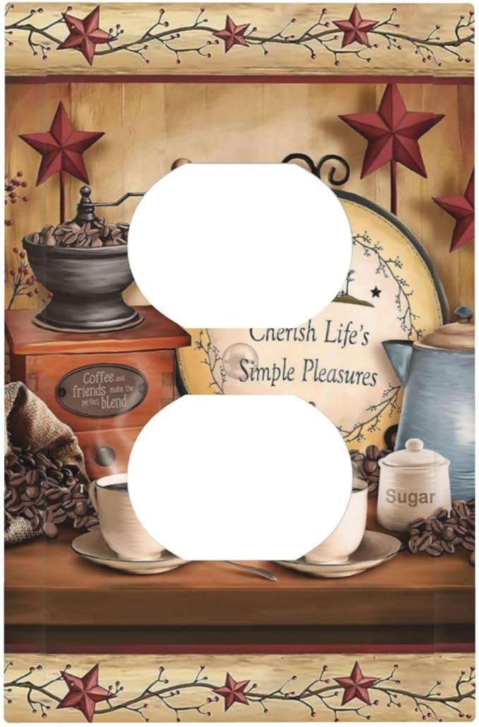 Retro Kitchen Coffee Beans Cafe Cup Theme 1 Gang Duplex Wall Plate Receptacle Outlet Covers Country Life Texas Star Bar Clock Decorative Electrical Dual Device Light Switch Plug Socket Faceplate Cover