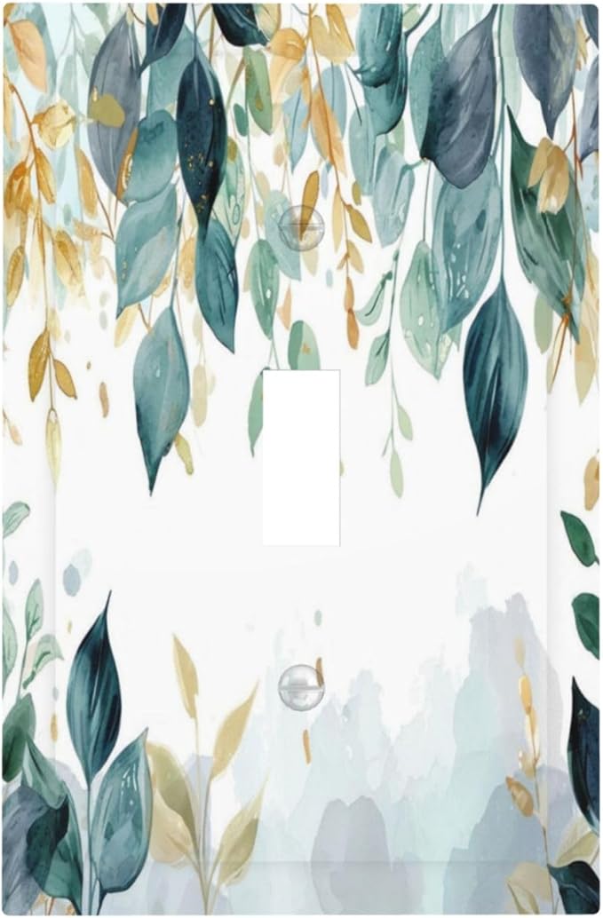 Boho Goldgreen Leaf Botanical Eucalyptus Leaves Decorative Light Switch Cover 1 Gang Single Toggle Device Electrical Faceplate Switchplates Decorator Outlet Wall Plate for Bedroom Living Room Decor