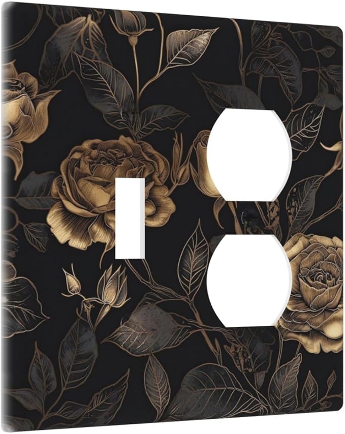 Black Floral Dark Vintage Gold Rose Flower Wallplates 1 Toggle 1 Duplex Switch Plate Electrical GFCI Faceplate Decorative Light Switch Covers for Bedroom Living Room Decor