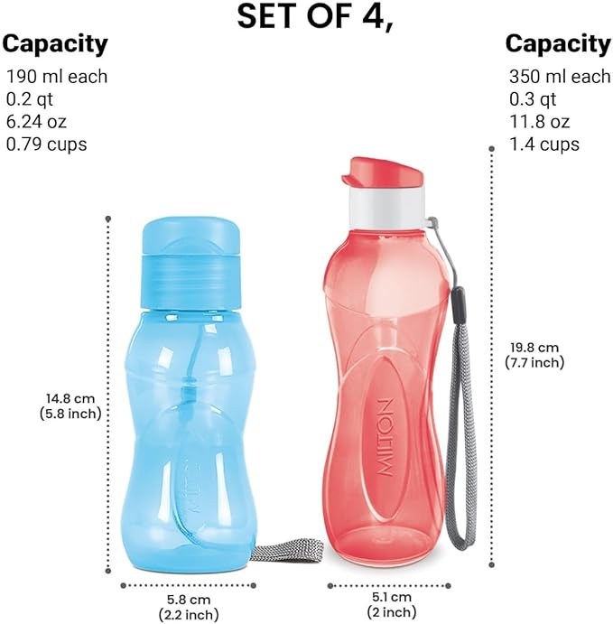 MILTON 4 pack 6 and 12 oz Kids Water Bottle for School Leak Free Flip Lid- Portable Small Sports Water Bottle for Adults Carry Strap Party Favors for Kids Prizes Gifts Goodie Bag Stuffers Bulk Pack