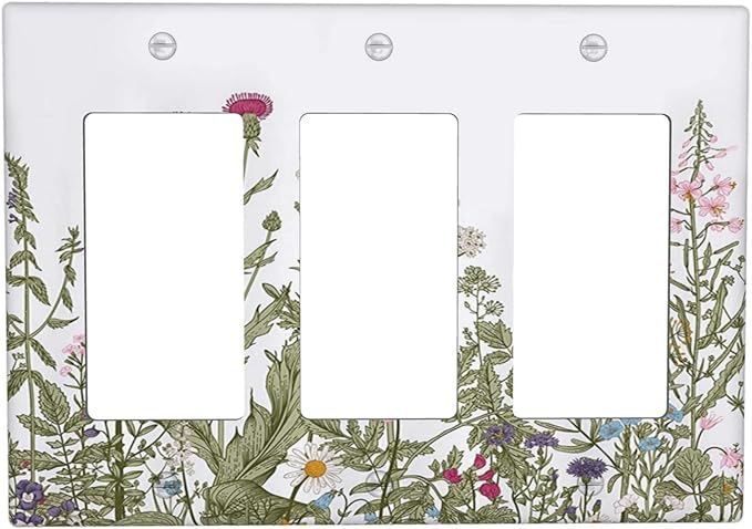 Rustic Wild Floral Vintage Teal Botanical Triple Rocker Light Switch Plate Covers Decorative 3 Gang Decora Wall Plate Gifi Lightswitch Faceplate for Bathroom Kitchen 6.38" X 4.9"