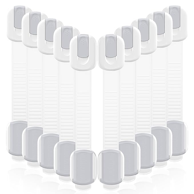 10 Pack Cabinet Locks Baby Proofing, Child Proof Cabinet Locks with 3M Adhesive - Easy Installation with Adjustable Straps, Multi-Purpose Child Safety Latches for Drawers Fridge Trash Cans White-Gray