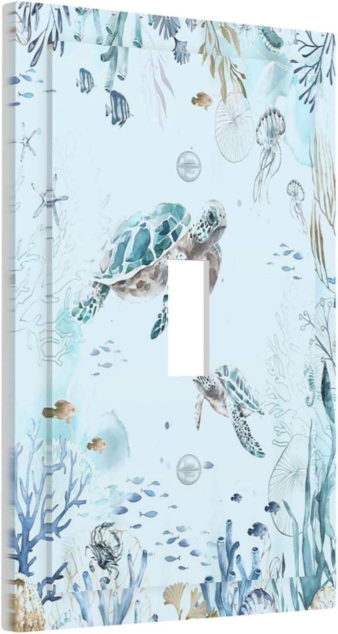 Decorative Light Switch Cover Teal Blue Ocean Sea Turtle Seabed Plants 1 Gang Single Toggle Decorator Outlet Wall Plate Device Electrical Faceplate Switchplates for Bathroom Kids room Decor