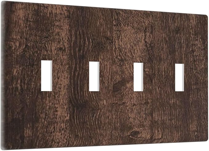 Brown Dark Wood Plank Rustic Vintage Print Light Switch Covers Quad Toggle Electrical Faceplate 4 Gang Wall Plate Decorative Switch Plates for Farmhouse Home Decor