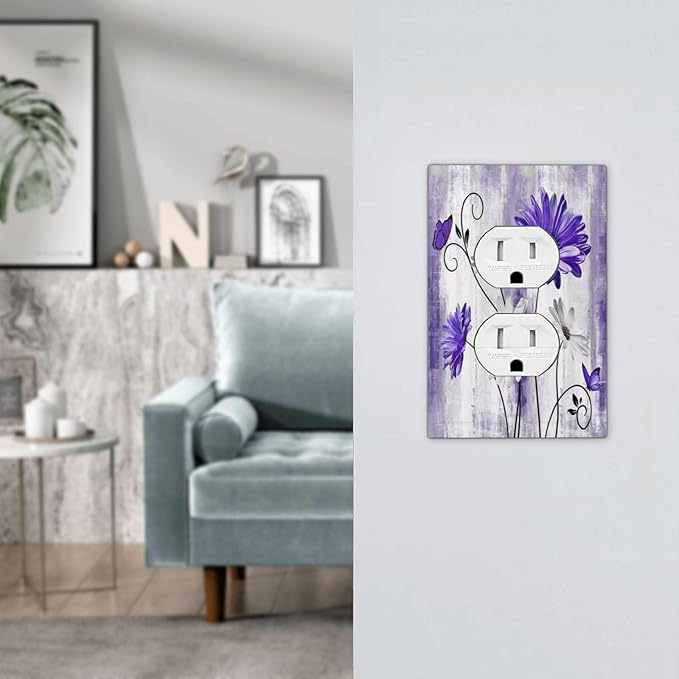 Purple Daisy Butterfly Boho White Floral 1 Gang Wall Plate Cover Receptacle Duplex Light Switch Cover Plate Single Dual Plug Covers Electrical Switchplate