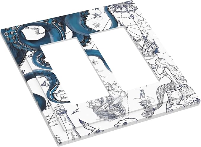 Nautical Vintage Map Octopus Mermaid Lighthouse Boat Decorative Outlet Covers 2 Gang Double GFCI Rocker Electrical Wall Panels Light Switch Cover Plate for Bathroom Kids Room Decor