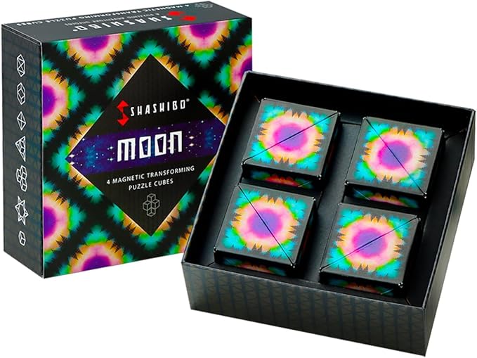 Shashibo Shape Shifting Box - Award-Winning, Patented Fidget Cube w/ 36 Rare Earth Magnets - Transforms Into Over 70 Shapes, Gift Box, Download Fun in Motion Toys Mobile App (Moon, 4 Pack)
