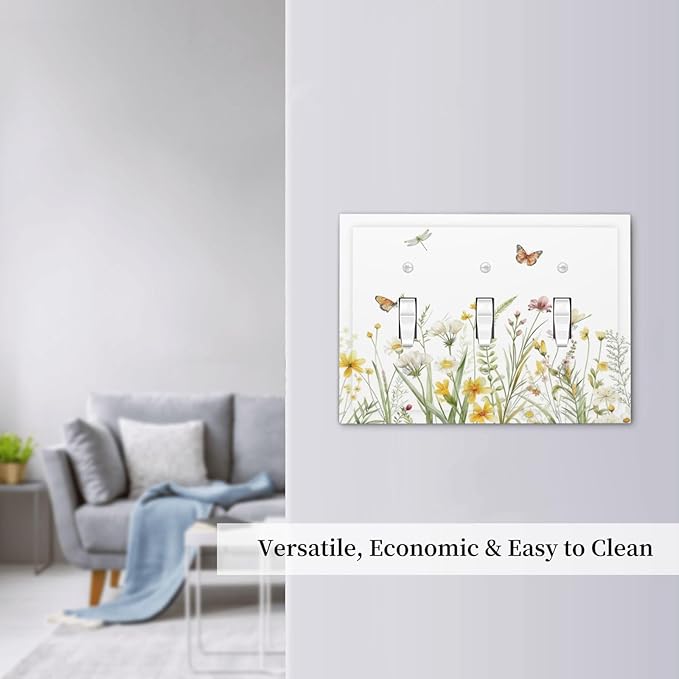 Colorful Wildflowers Dragonfly Butterfly Floral Decorative Switch Plates 3 Gang Wall Plate Triple Toggle Light Switch Cover Faceplate Electrical Wall Panels for Bedroom Living Room Decor