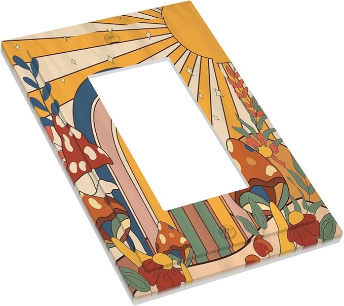Decorative Outlet Covers Mushroom Hippie Sun Rainbow Vintage Floral Funky Boho 1 Gang Single Rocker Light Switch Cover Plate Wall Plates GFCI Faceplate for Bedroom Kids room Decor