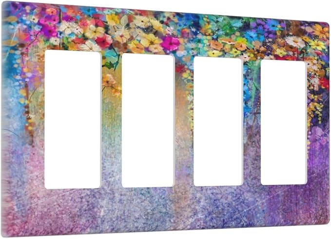Colorful Floral Watercolor Flower 4 Gang Rocker Decora Light Switch Cover Purple Decorative Outlet Covers Wall Plate Electrical Faceplate Switchplate GFCI for Farmhouse Bedroom Living Room Decor