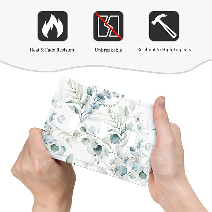 Watercolor Spring Eucalyptus Green Saga Leaves Nature Plant Botanical Decorative Three Device Decorator Outlet Light Switch Wall Plate Cover 3 Gang Jumbo Size Triple Toggle Receptacle Faceplate Cover