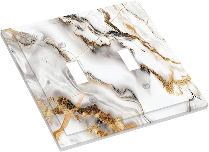 Luxurious Marble Abstract White Gold Tile Modern Simplicity Decorative Switch Plates 2 Gang Double Toggle Outlet Light Switch Cover Wall Plate Electrical Faceplate for Bathroom Kitchen Decor