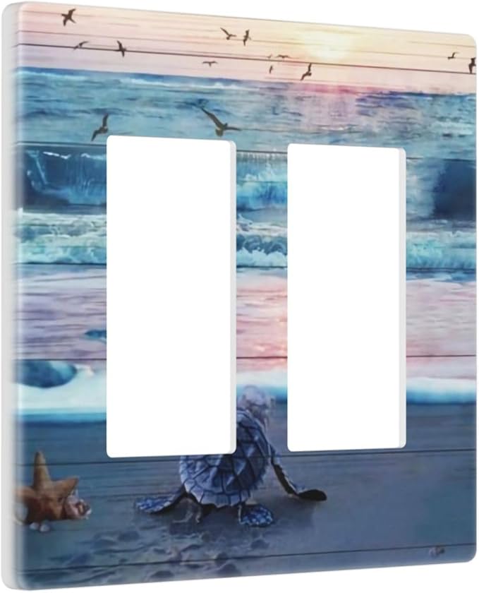 Nautical Sea Beach Ocean Turquoise Blue Turtle Seashells Starfish Marine 2 Gang Screwless Double GFCI Decorator/Rocker Outlet Light Switch Wall Plate Covers Decorative Dual Device Receptacle Faceplate