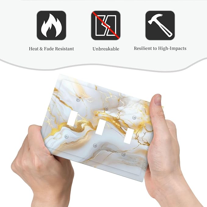 Decorative Switch Plate Cover Abstract Gold Marble Design with White & Gold 3 Gang Artistic Wall Plate Unique Triple Toggle Light Switch Covers for Modern Luxurious Decor