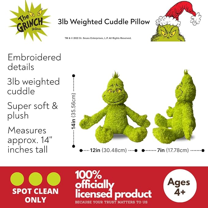 Franco Calm Dr. Seuss Grinch Bedding Super Soft Plush Calming 3Lb Weighted Cuddle Pillow Buddy, Comfort Pillow (Officially Licensed Product)