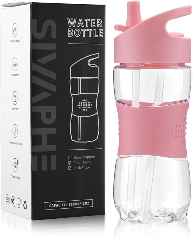 Sivaphe Clear Kids Water Bottle with Straw Cap 12 oz, Portable Leak-Proof Tritan Small Beverage Bottle 350 ml, Transparent Sports Drinking Bottle 350ml for School Girls Lightweight Pink