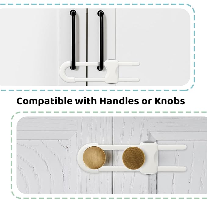 Baby Proofing Cabinets, Sliding Cabinet Locks for Babies, Adjustable U Shaped Baby Safety Locks, Childproof Cabinet Latch for Kitchen, Bathroom, Drawer, Cupboard Doors Knobs & Handles (6 Pack White)