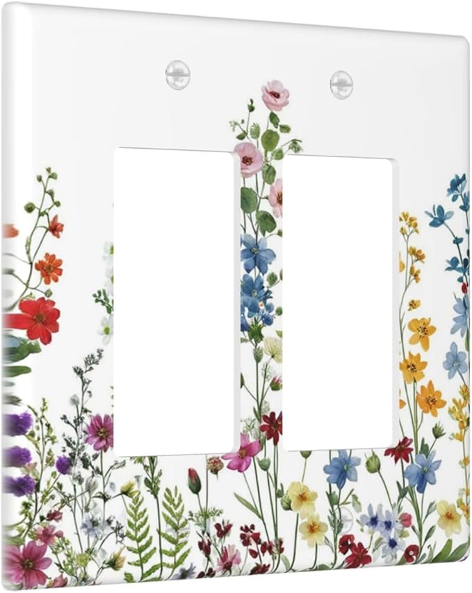 Outlet Covers Colorful Wildflowers Plants Flowers on White Background 2 Gang Light Switch Cover Plate Double Rocker Switch plate Covers Decorative Wall Plates Electrical GFCI Receptacle for Home Decor