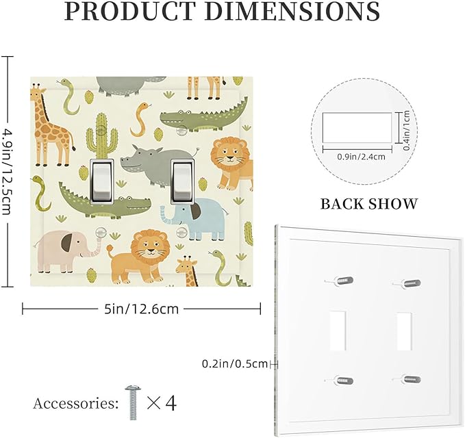 African Safari Animals Double Toggle Switch Cover - 2-Gang Standard US Size Cute Hippo Crocodile Lion Elephant And Giraffe Funny Wildlife Light Switch Covers for Boys & Girls Room Decor