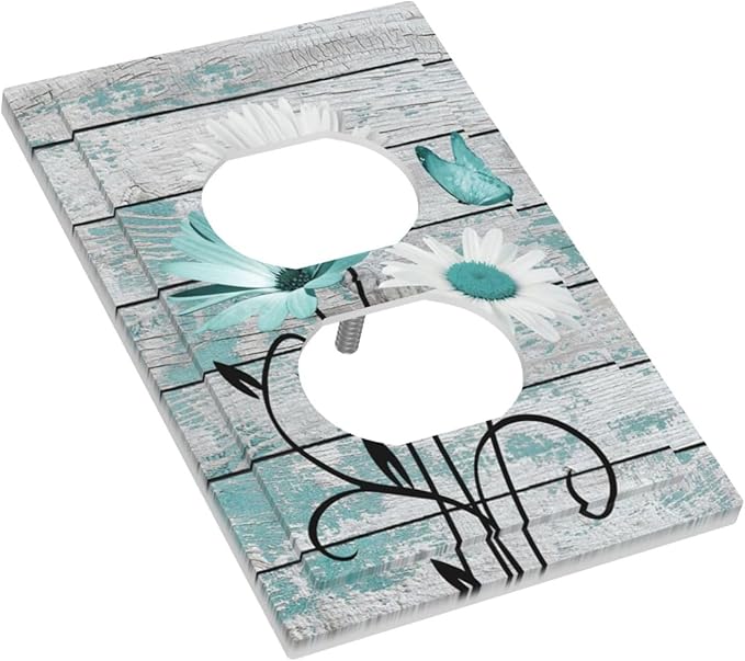 Teal White Daisy Flower Butterfly On Rustic Wood Board Outlet Covers 1 Gang Duplex Light Switch Cover Decorative Switch Plates Electrical Receptacle Faceplate Wall Plate for Farmhouse Bedroom Decor