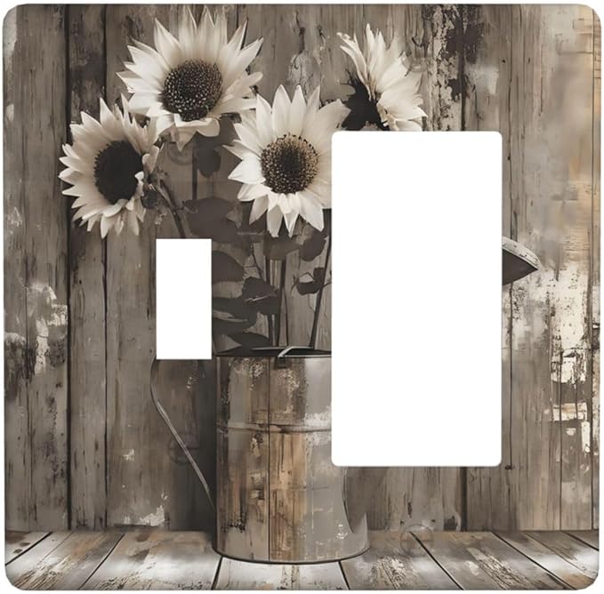 Rustic Floral Country Sunflower Daisy Old Wooden Boards Outlet Covers 1 Toggle 1 Rocker Combination Decorative Wall Plate Electrical Switch Plates Light Switch Cover Plate for Farmhouse Home Decor