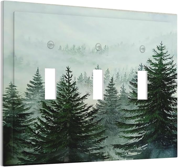 Forest Pinetrees Misty Landscape Nature Decorative Switch Plates 3 Gang Wall Plate Faceplate Electrical Wall Panels Triple Toggle Light Switch Cover for Bedroom Farmhouse Decor