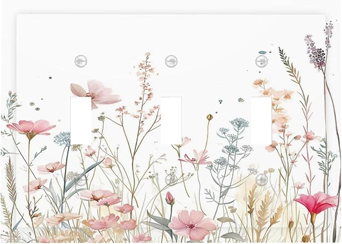 Watercolor Wildflower Pink Flower Plant Floral Decorative Switch Plates 3 Gang Wall Plate Triple Toggle Light Switch Cover Faceplate Electrical Wall Panels for Bedroom Living Room Decor