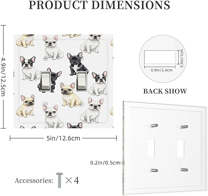 French Bulldog Watercolor Double Toggle Switch Cover - 2-Gang Standard US Size Playful Frenchie Puppy Light Switch Covers, Chic Pattern for Pet Owners Decor