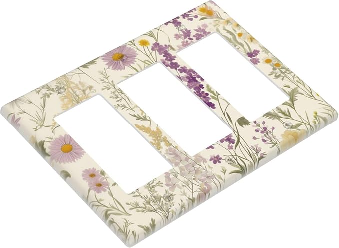 Watercolor Floral Leaves 3 Gang Rocker Outlet Covers Triple Rocker Light Switch Cover Plate Small Purple Flowers Daisies Switchplates Decorative Electrical Faceplate for Bedroom Living Room Decor